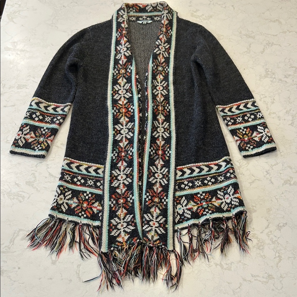 Nostalgia Women's Multicolor Nordic Pattern Fringe Hem Cardigan Boho Aztec M